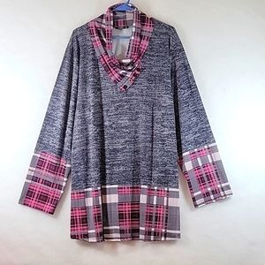LILY Long Sleeve Tunic with Cowel Neckline and Plaid Embellishment Size 4X